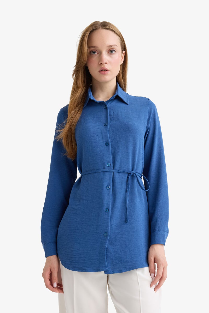 DeFacto Blue Woman Regular Fit Shirt Collar Long Sleeve Tunic Casual - Image 4